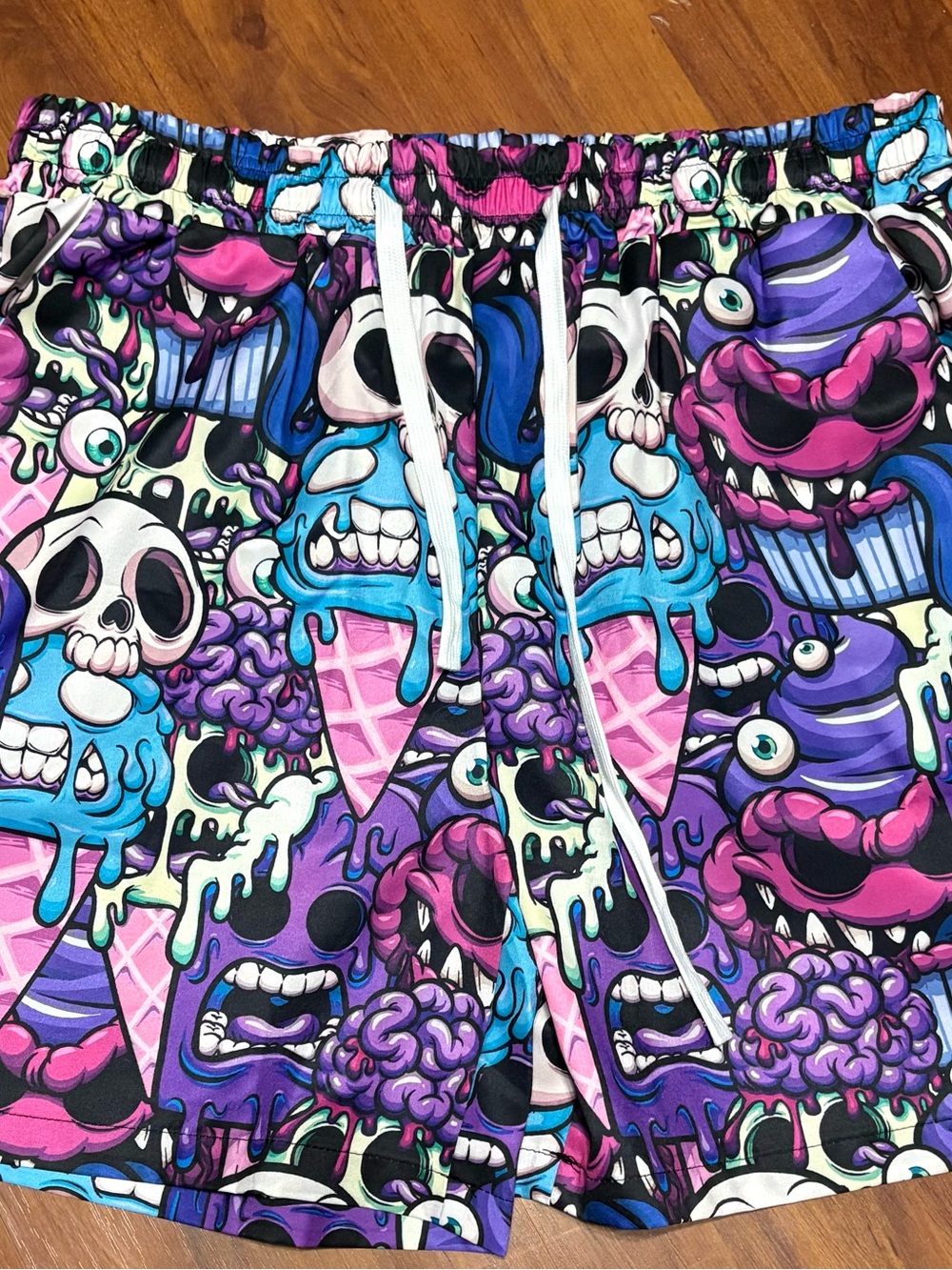 SHEIN Purple Pink Blue Skull & Ice Cream Graphic Swim Trunks